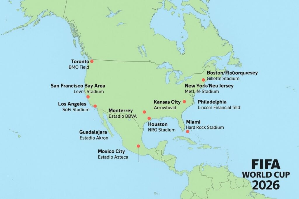 A map of Canada, America, Mexico to show where will be the FIFA world cup 2026 matches will be held.